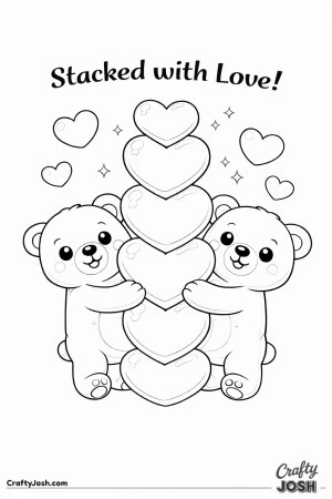 Two teddy bears work together to stack oversized hearts into a tall heart tower with the phrase “Stacked with Love!” above and large floating ..