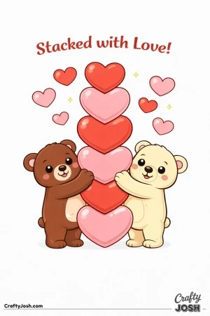 Two teddy bears work together to stack oversized hearts into a tall heart tower with the phrase “Stacked with Love!” above and large floating ..