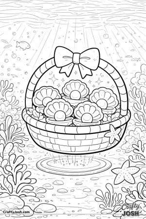 An underwater Easter basket filled with seashell eggs and pearls sits on the ocean floor surrounded by coral, seaweed, starfish, bubbles, and a small ..