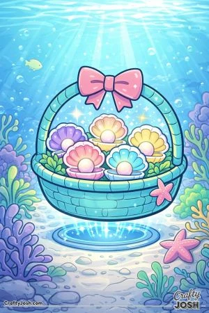 An underwater Easter basket filled with seashell eggs and pearls sits on the ocean floor surrounded by coral, seaweed, starfish, bubbles, and a small ..