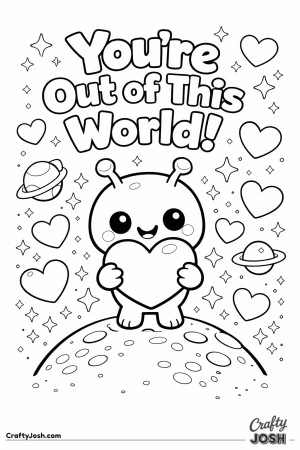 Adorable “You’re Out of This World!” Valentine’s Day coloring page features a cute alien holding a big heart on a tiny planet.