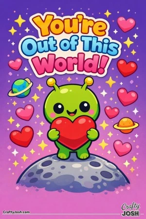Adorable “You’re Out of This World!” Valentine’s Day coloring page features a cute alien holding a big heart on a tiny planet.