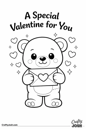 A teddy bear holds a sealed envelope with a heart on the front while small hearts and sparkles float around it beneath the phrase “A Special ..