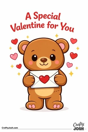 A teddy bear holds a sealed envelope with a heart on the front while small hearts and sparkles float around it beneath the phrase “A Special ..