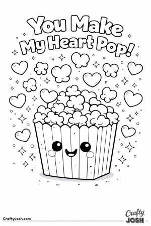 This “You Make My Heart Pop!” Valentine’s Day coloring page features a smiling popcorn box with adorable heart-shaped popcorn popping out.