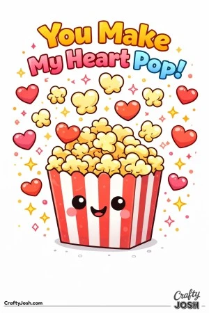 This “You Make My Heart Pop!” Valentine’s Day coloring page features a smiling popcorn box with adorable heart-shaped popcorn popping out.