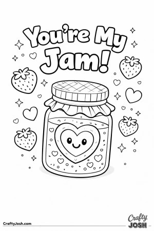 Spread the love this Valentine’s Day with this adorable “You’re My Jam!” coloring page! Featuring a cute smiling jam jar and heart-shaped ..