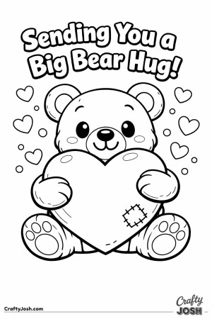 A seated teddy bear hugs an oversized heart while small hearts float around and the phrase “Sending You a Big Bear Hug!” appears above
