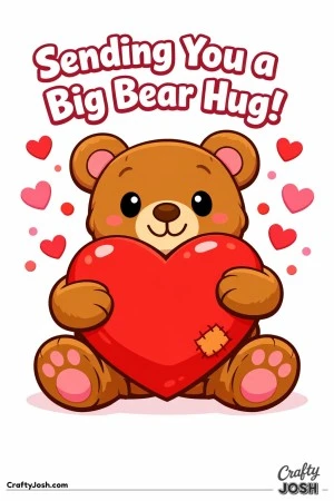 A seated teddy bear hugs an oversized heart while small hearts float around and the phrase “Sending You a Big Bear Hug!” appears above