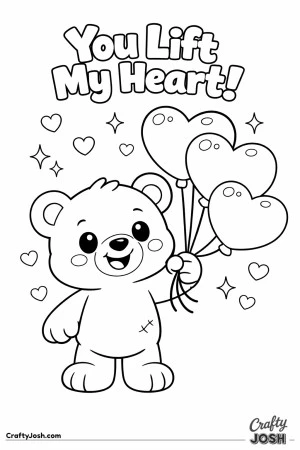 A cheerful teddy bear holds three heart-shaped balloons with the phrase “You Lift My Heart!” above
