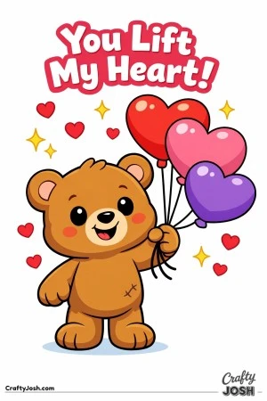 A cheerful teddy bear holds three heart-shaped balloons with the phrase “You Lift My Heart!” above