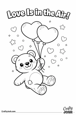 A teddy bear gently floats upward while holding heart-shaped balloons, surrounded by small hearts and stars with the phrase “Love Is in the Air!” ..