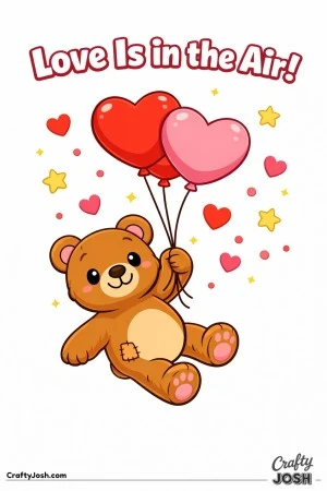 A teddy bear gently floats upward while holding heart-shaped balloons, surrounded by small hearts and stars with the phrase “Love Is in the Air!” ..