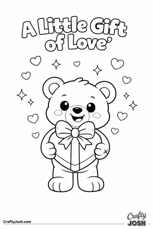 A cheerful teddy bear presents a heart-shaped gift box with a large bow and the phrase “A Little Gift of Love” above