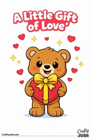 A cheerful teddy bear presents a heart-shaped gift box with a large bow and the phrase “A Little Gift of Love” above