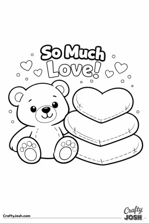 A teddy bear sits beside a stack of three heart-shaped pillows with the phrase “So Much Love!” above and small hearts scattered around