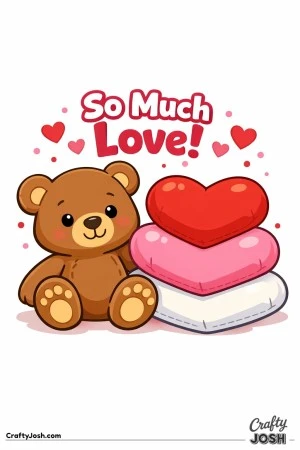 A teddy bear sits beside a stack of three heart-shaped pillows with the phrase “So Much Love!” above and small hearts scattered around