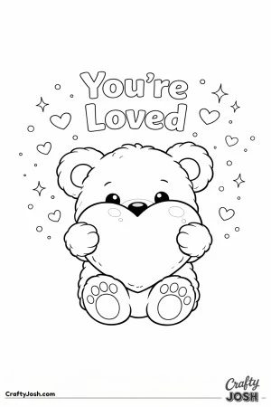 A teddy bear shyly hides behind a large heart with only its eyes peeking over the top and the words “You’re Loved” above