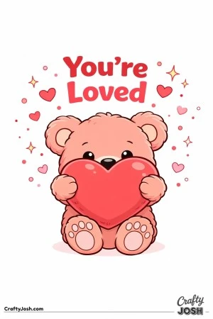 A teddy bear shyly hides behind a large heart with only its eyes peeking over the top and the words “You’re Loved” above