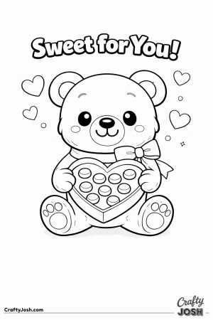 A teddy bear sits cross-legged holding an open heart-shaped chocolate box while large hearts float above and the phrase “Sweet for You!” appears ..