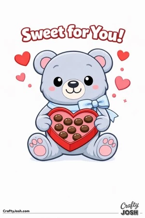 A teddy bear sits cross-legged holding an open heart-shaped chocolate box while large hearts float above and the phrase “Sweet for You!” appears ..