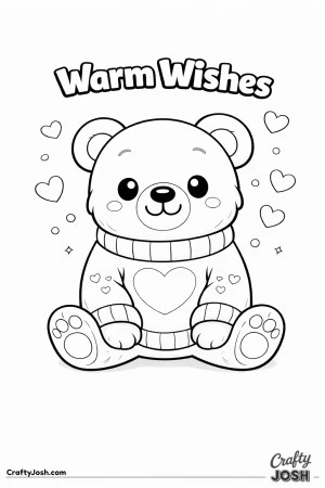 A teddy bear sits with its paws forward wearing an oversized sweater with a large heart on the front while small hearts float around and the words ..