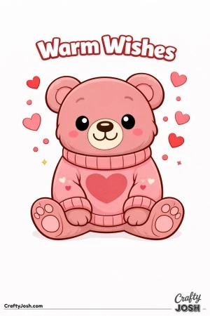 A teddy bear sits with its paws forward wearing an oversized sweater with a large heart on the front while small hearts float around and the words ..