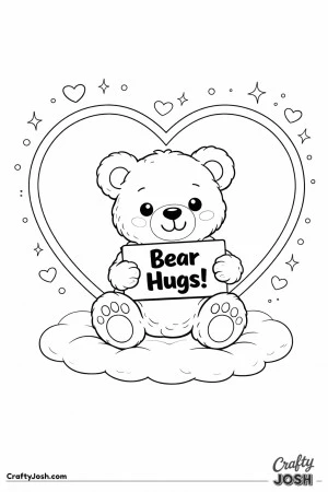 A teddy bear sits inside a large heart outline while holding a small sign that says “Bear Hugs!” with hearts and sparkles around it