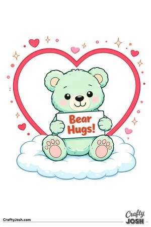 A teddy bear sits inside a large heart outline while holding a small sign that says “Bear Hugs!” with hearts and sparkles around it