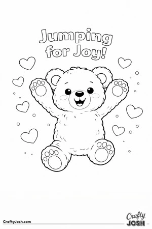 A teddy bear jumps into the air with arms raised while large hearts float around and the words “Jumping for Joy!” appear above