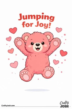 A teddy bear jumps into the air with arms raised while large hearts float around and the words “Jumping for Joy!” appear above