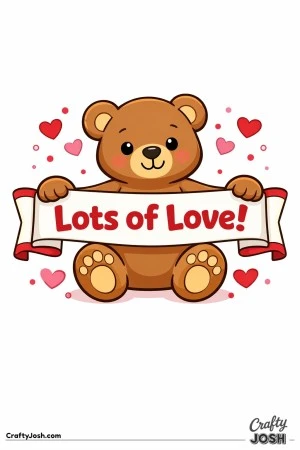 A teddy bear holds a wide banner that says “Lots of Love!” with small hearts floating around it
