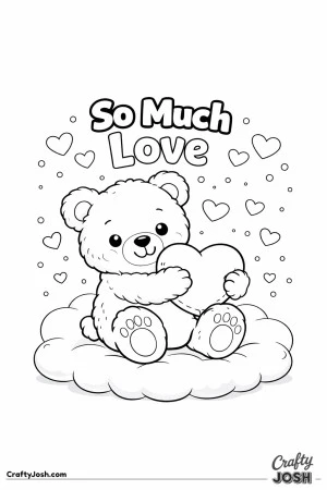 A fluffy teddy bear sits on a soft cloud while hugging a heart pillow with the words “So Much Love” above and small hearts floating around