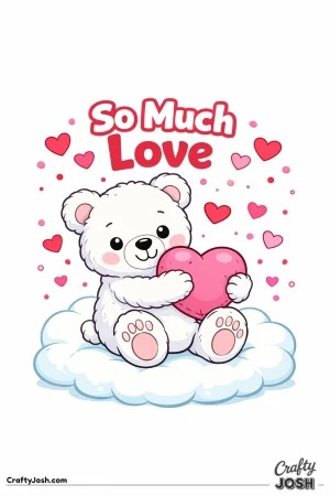 A fluffy teddy bear sits on a soft cloud while hugging a heart pillow with the words “So Much Love” above and small hearts floating around