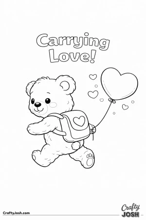 A teddy bear wearing a backpack with a heart pulls a heart-shaped balloon behind it with the words “Carrying Love!” above