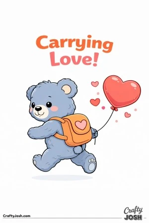 A teddy bear wearing a backpack with a heart pulls a heart-shaped balloon behind it with the words “Carrying Love!” above