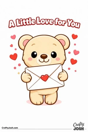 A small baby-style teddy bear with an oversized head holds a heart-shaped envelope while tiny hearts float around and the phrase “A Little Love for ..