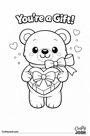 A teddy bear wearing a large ribbon presents a heart-shaped gift box while small hearts float nearby and the phrase “You’re a Gift!” appears ..