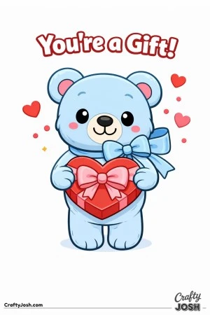 A teddy bear wearing a large ribbon presents a heart-shaped gift box while small hearts float nearby and the phrase “You’re a Gift!” appears ..