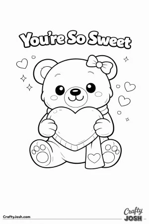 A teddy bear with a bow on its ear sits holding a heart-shaped pillow while floating hearts and sparkles surround it and the words “You’re So ..