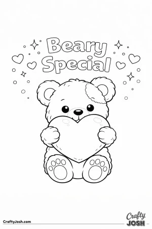 A teddy bear with a patch on one ear holds a large heart with the words “Beary Special” above and small hearts and sparkles around it