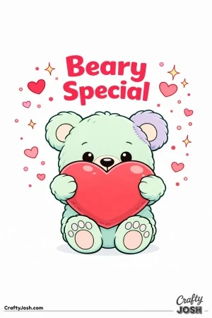 A teddy bear with a patch on one ear holds a large heart with the words “Beary Special” above and small hearts and sparkles around it