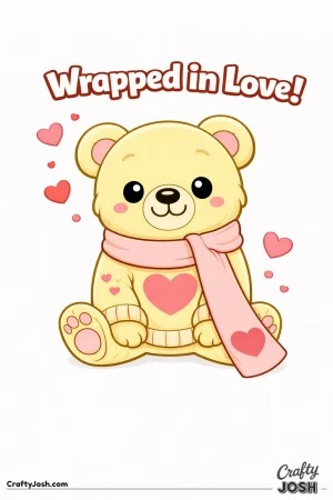 A teddy bear sits with its paws forward wearing a long scarf with a heart at the end while floating hearts drift diagonally across the page and the ..