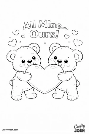 Two teddy bears stand facing each other while holding a giant heart between them with the words “All Mine, Ours!” above