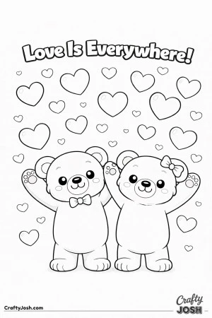 Two teddy bears stand side by side with their arms raised while oversized hearts fall from above and the words “Love Is Everywhere!” appear at ..