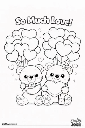 Two teddy bears sit side by side holding bunches of oversized heart-shaped balloons while large hearts float between them and the words “So Much ..