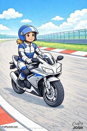Proud young girl calmly riding a race motorcycle along a racetrack after a successful lap, with clean lines designed for kids around 10 years old
