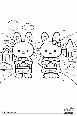 Two smiling bunny children stand on a winding village path holding simple wooden baskets, with small houses, trees, hills, and a bright sun in the ..