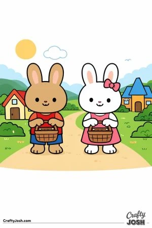 Two smiling bunny children stand on a winding village path holding simple wooden baskets, with small houses, trees, hills, and a bright sun in the ..