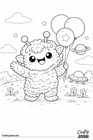 A smiling alien waves with one hand while holding a bunch of balloons, standing on a grassy hill with flowers, stars, clouds, a UFO, and a ringed ..